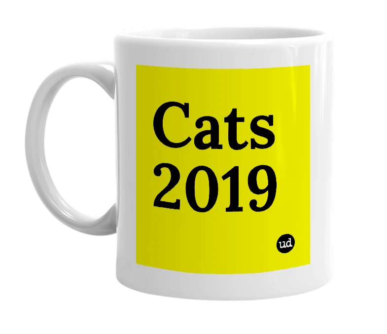 White mug with 'Cats 2019' in bold black letters