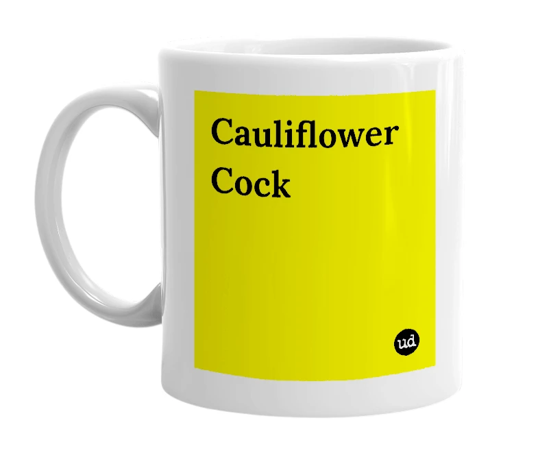 White mug with 'Cauliflower Cock' in bold black letters