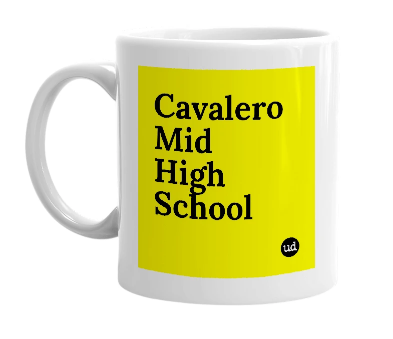 White mug with 'Cavalero Mid High School' in bold black letters