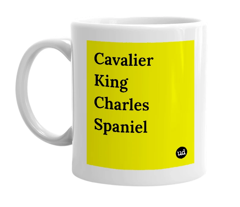 White mug with 'Cavalier King Charles Spaniel' in bold black letters