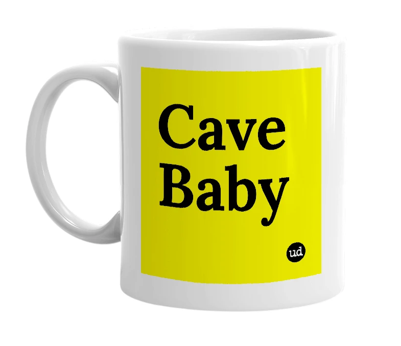 White mug with 'Cave Baby' in bold black letters