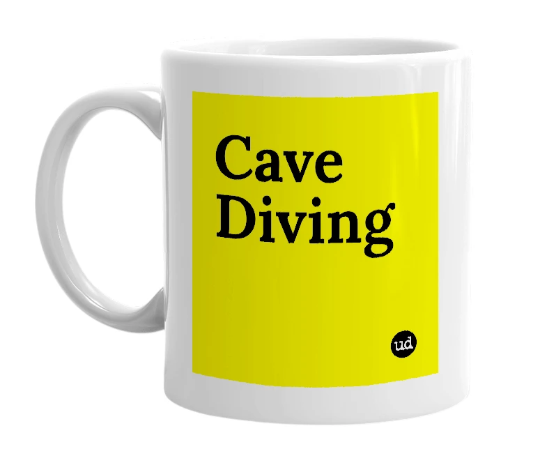 White mug with 'Cave Diving' in bold black letters