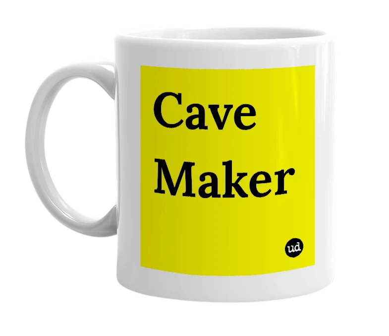 White mug with 'Cave Maker' in bold black letters