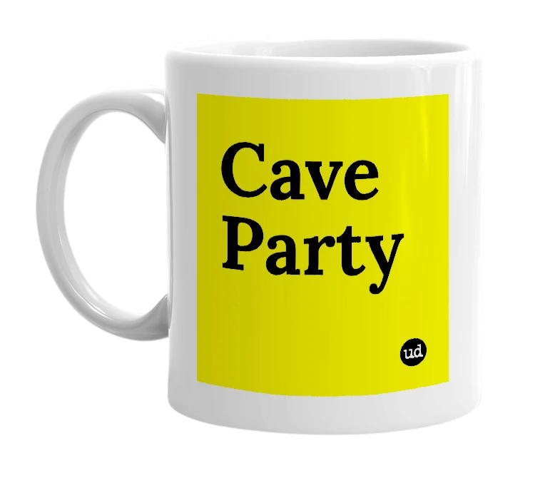 White mug with 'Cave Party' in bold black letters