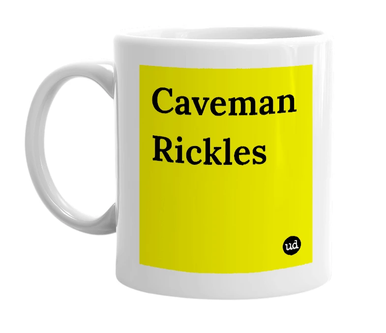 White mug with 'Caveman Rickles' in bold black letters
