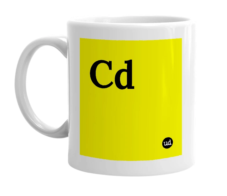 White mug with 'Cd' in bold black letters
