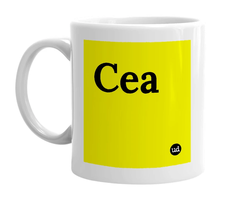 White mug with 'Cea' in bold black letters