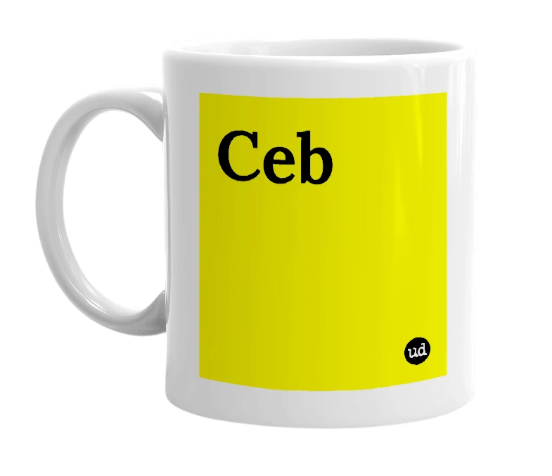 White mug with 'Ceb' in bold black letters