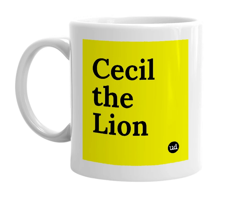 White mug with 'Cecil the Lion' in bold black letters