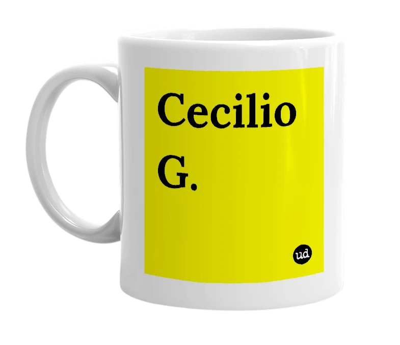 White mug with 'Cecilio G.' in bold black letters