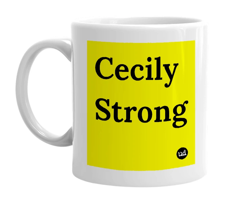 White mug with 'Cecily Strong' in bold black letters