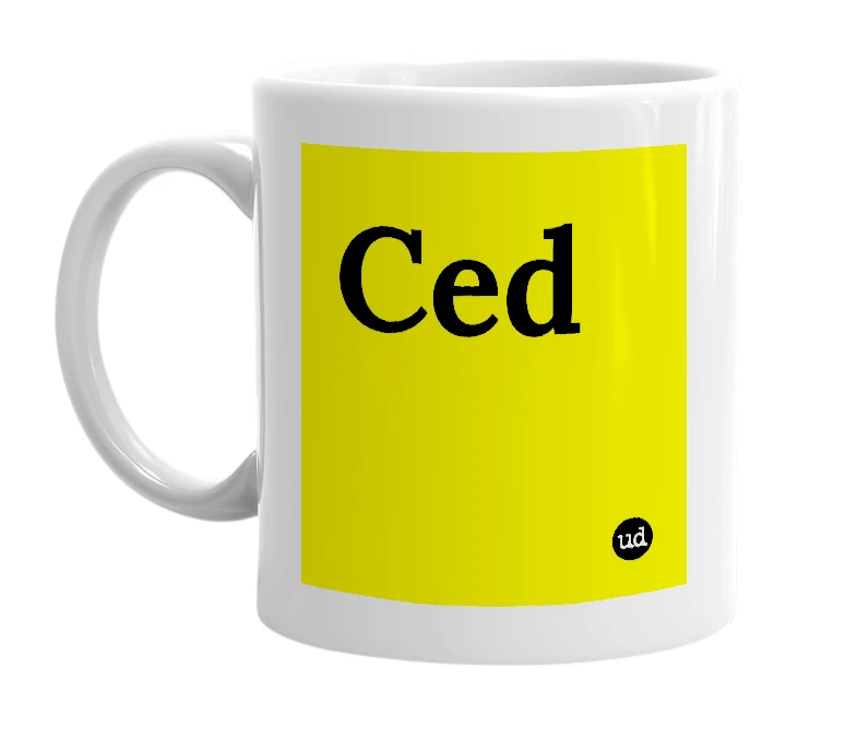 White mug with 'Ced' in bold black letters
