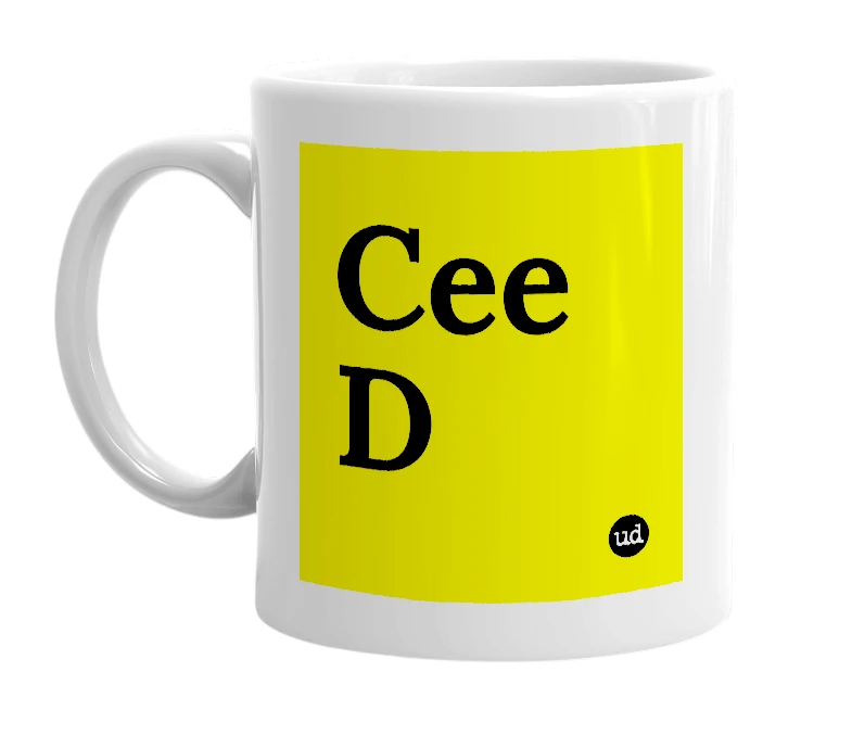 White mug with 'Cee D' in bold black letters