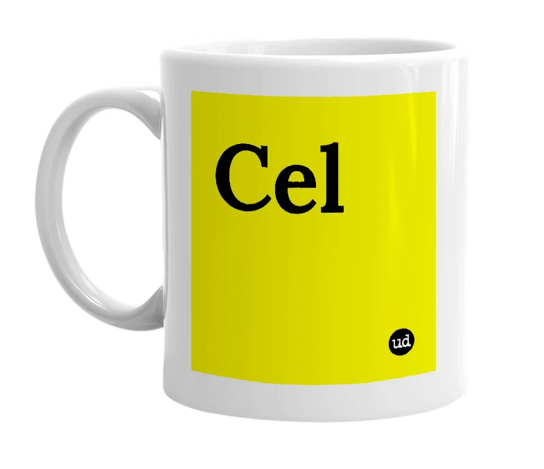 White mug with 'Cel' in bold black letters