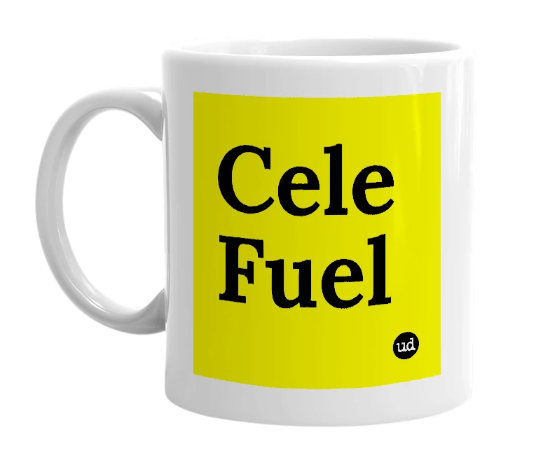 White mug with 'Cele Fuel' in bold black letters