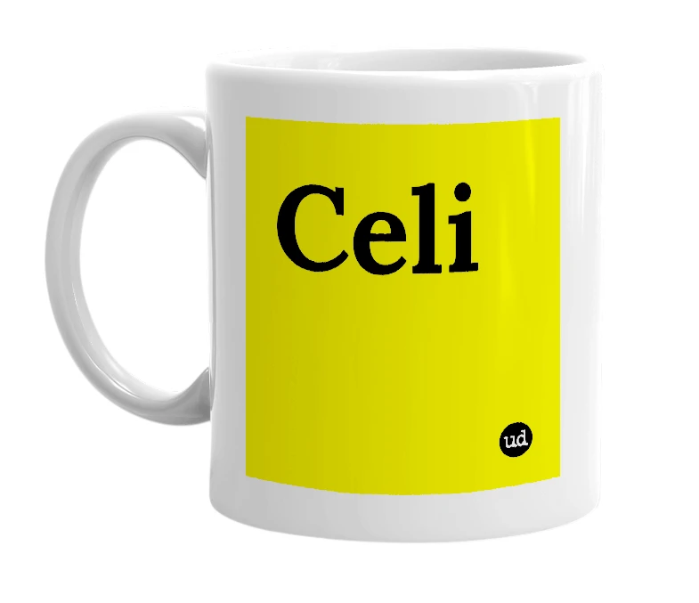 White mug with 'Celi' in bold black letters
