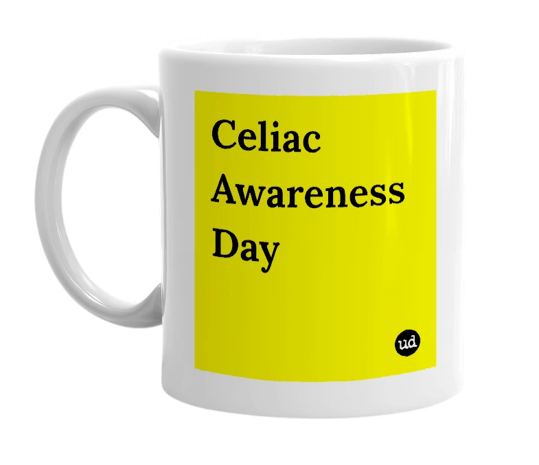 White mug with 'Celiac Awareness Day' in bold black letters