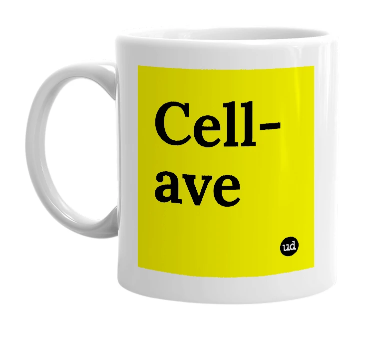 White mug with 'Cell-ave' in bold black letters