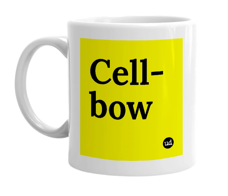 White mug with 'Cell-bow' in bold black letters