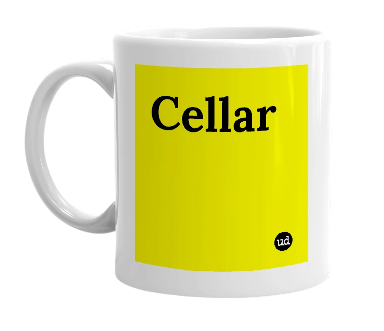 White mug with 'Cellar' in bold black letters