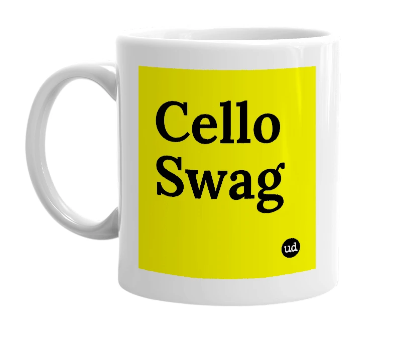 White mug with 'Cello Swag' in bold black letters