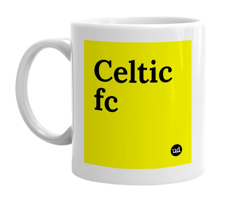 White mug with 'Celtic fc' in bold black letters