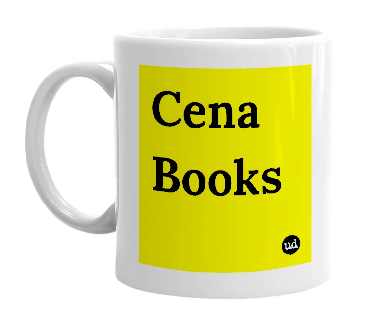 White mug with 'Cena Books' in bold black letters