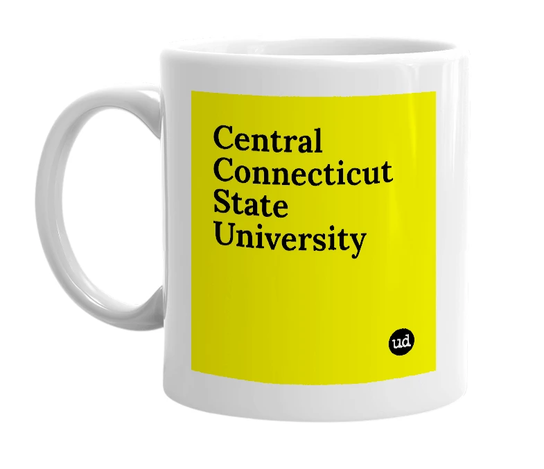 White mug with 'Central Connecticut State University' in bold black letters