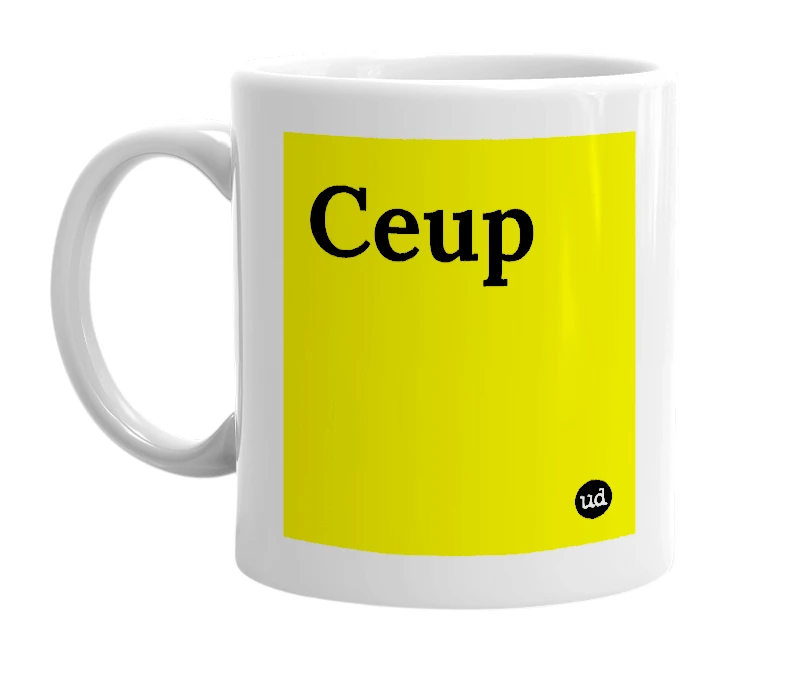 White mug with 'Ceup' in bold black letters