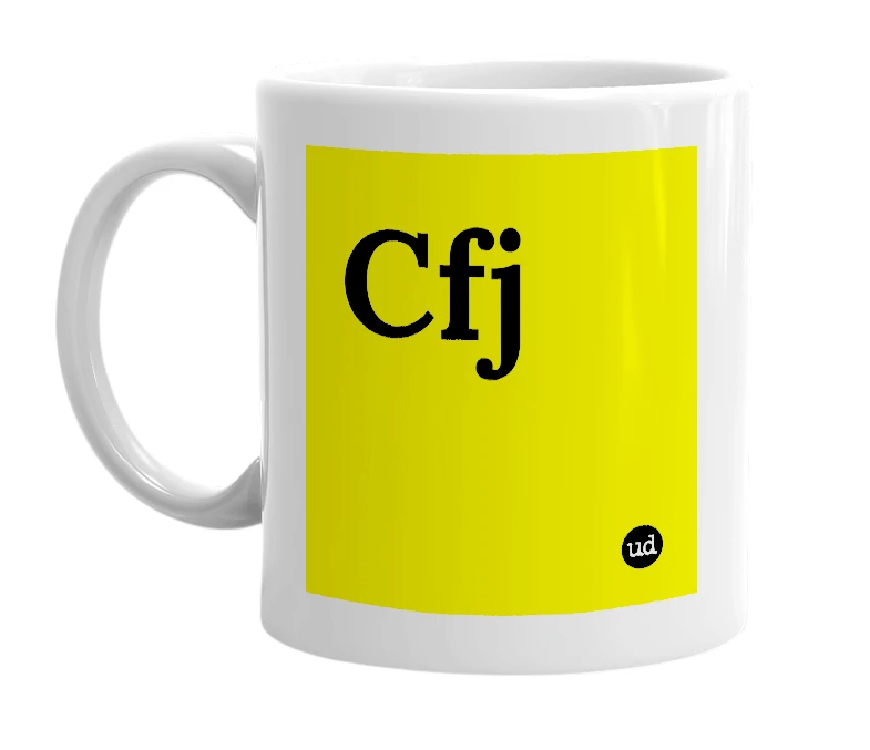 White mug with 'Cfj' in bold black letters