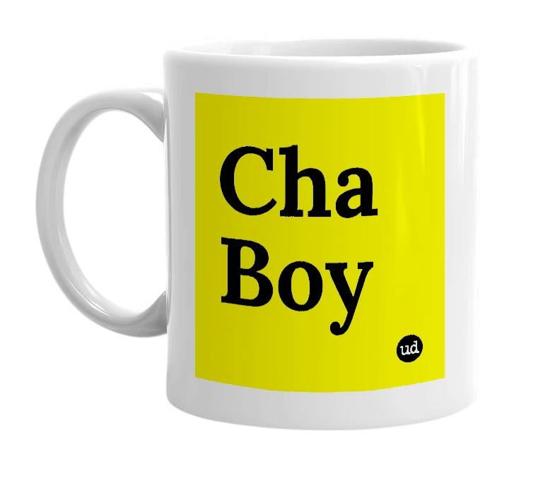 White mug with 'Cha Boy' in bold black letters