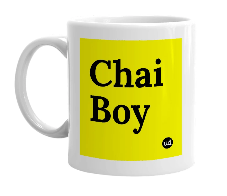 White mug with 'Chai Boy' in bold black letters