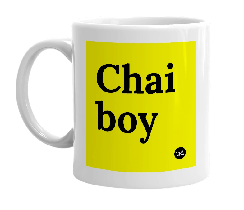 White mug with 'Chai boy' in bold black letters