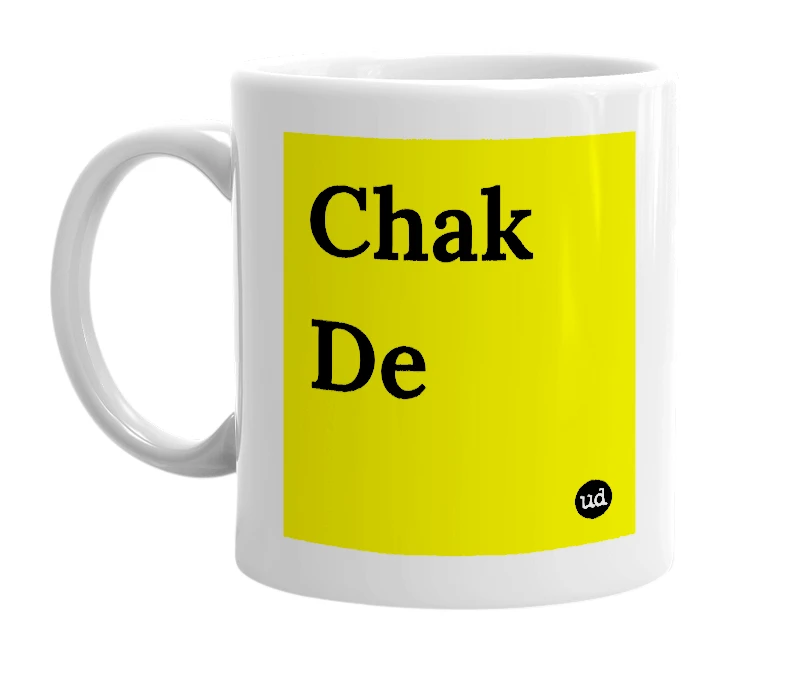 White mug with 'Chak De' in bold black letters
