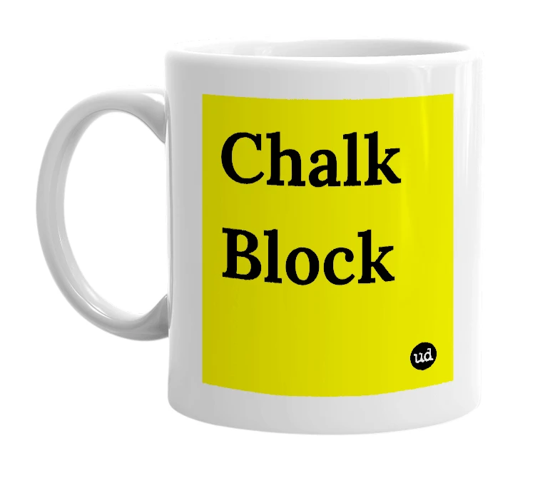 White mug with 'Chalk Block' in bold black letters