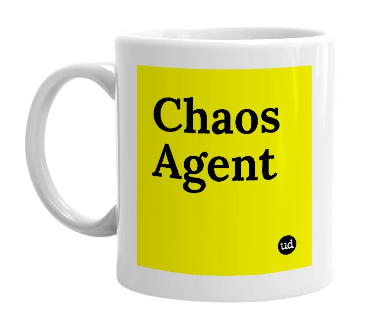 White mug with 'Chaos Agent' in bold black letters