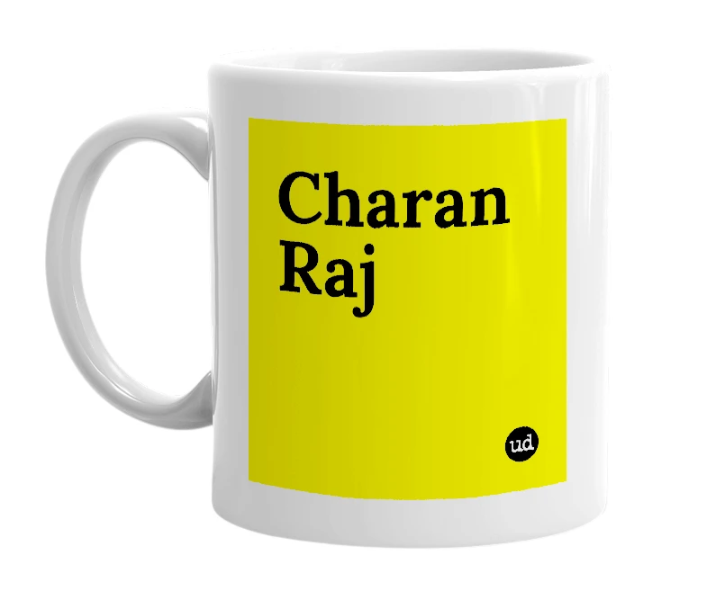 White mug with 'Charan Raj' in bold black letters