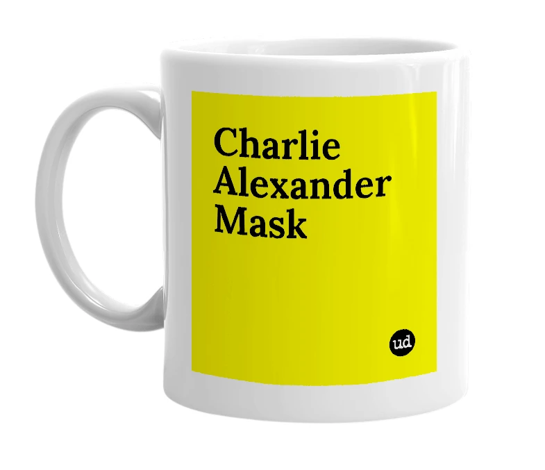 White mug with 'Charlie Alexander Mask' in bold black letters