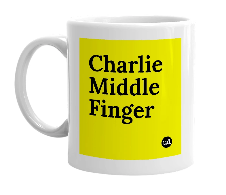 White mug with 'Charlie Middle Finger' in bold black letters