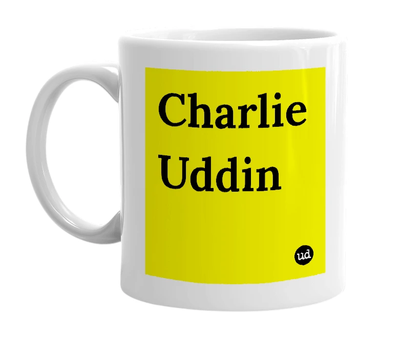 White mug with 'Charlie Uddin' in bold black letters