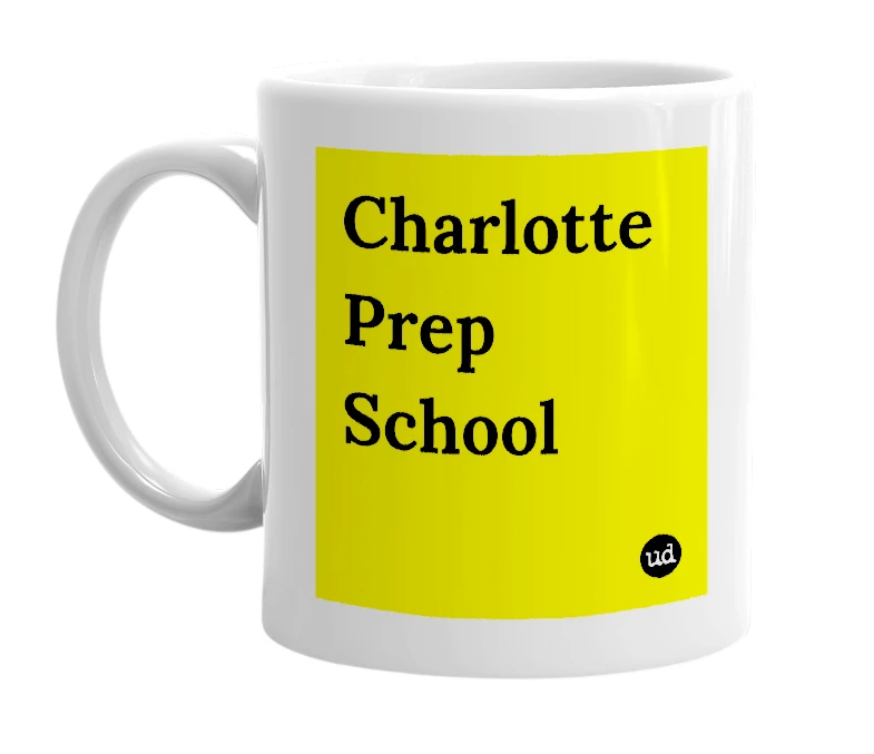 White mug with 'Charlotte Prep School' in bold black letters