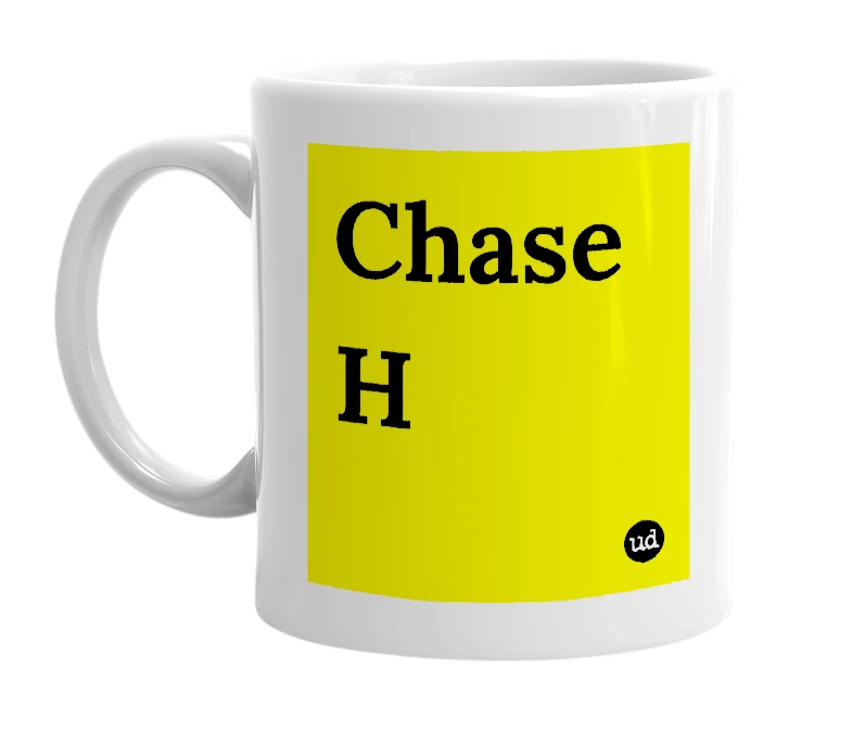 White mug with 'Chase H' in bold black letters