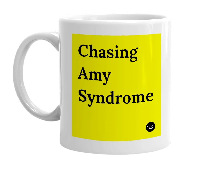 White mug with 'Chasing Amy Syndrome' in bold black letters