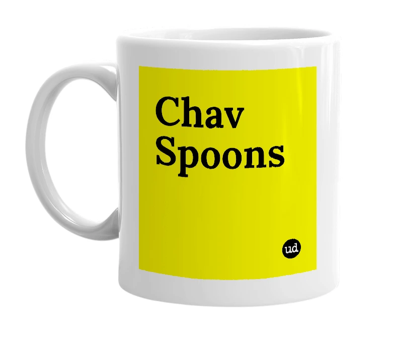 White mug with 'Chav Spoons' in bold black letters