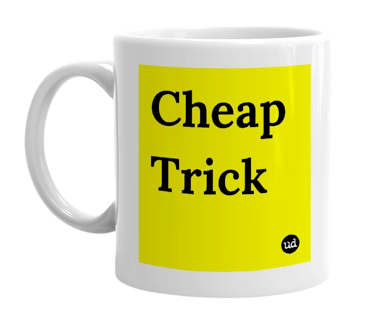 White mug with 'Cheap Trick' in bold black letters