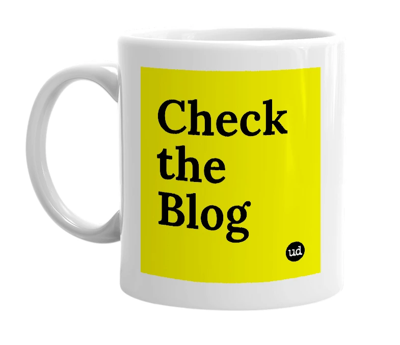 White mug with 'Check the Blog' in bold black letters