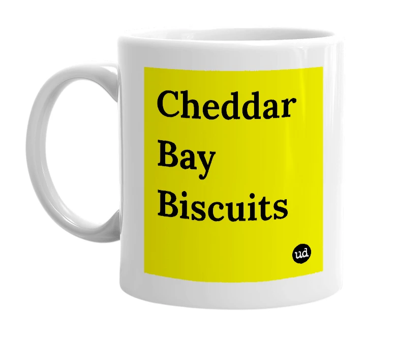 White mug with 'Cheddar Bay Biscuits' in bold black letters