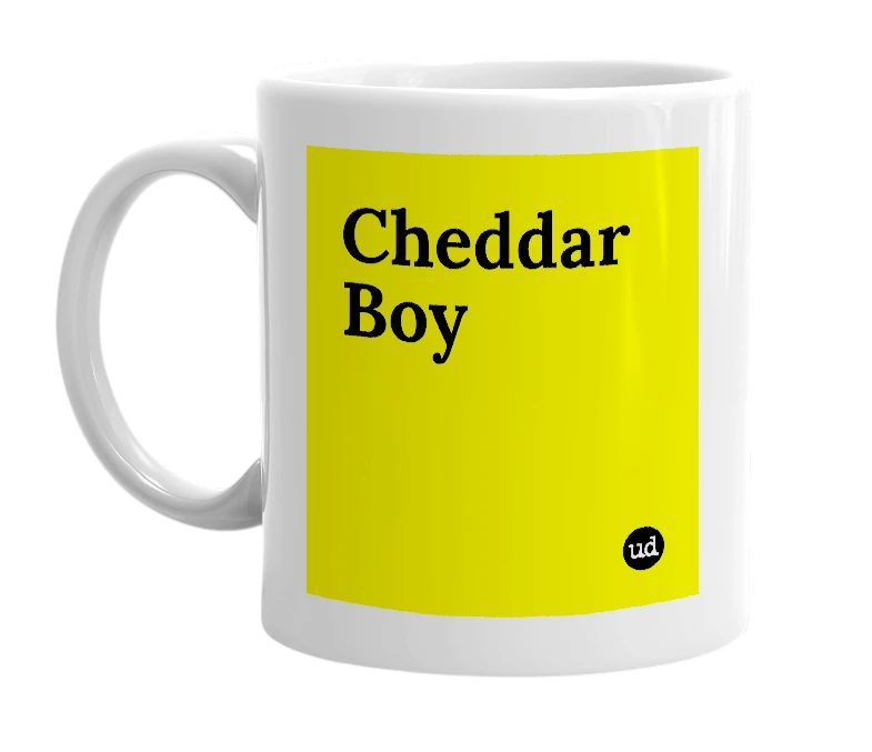 White mug with 'Cheddar Boy' in bold black letters