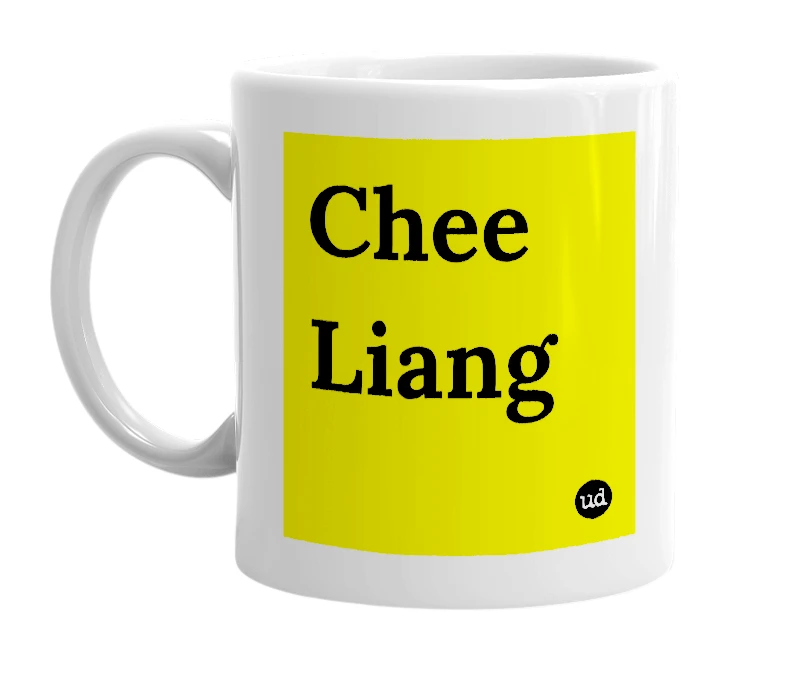 White mug with 'Chee Liang' in bold black letters