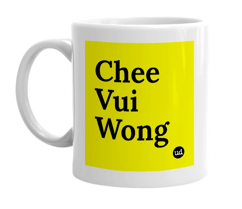 White mug with 'Chee Vui Wong' in bold black letters